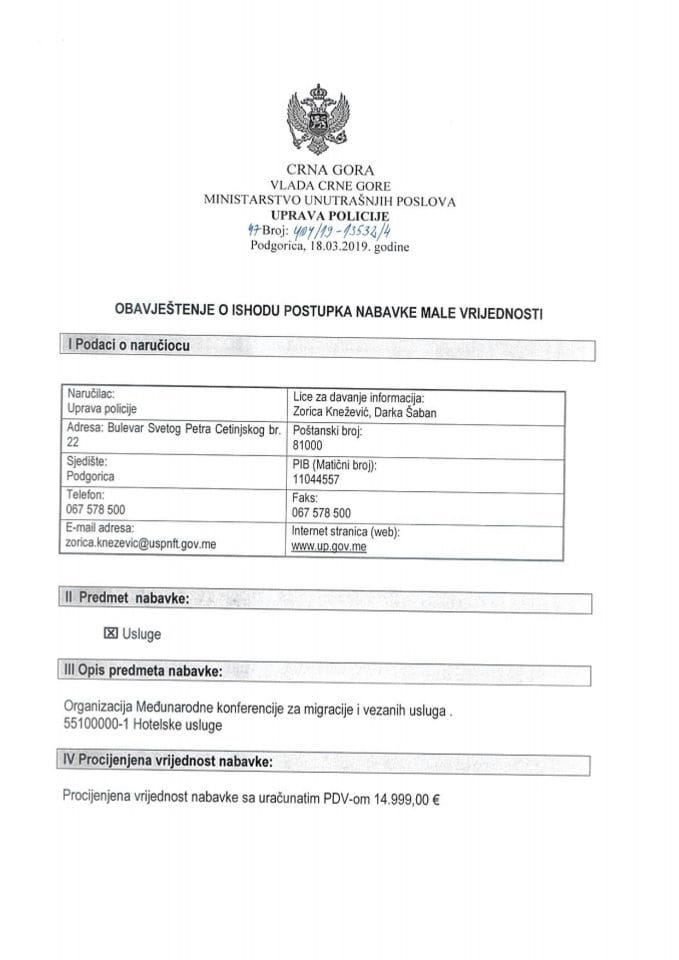 Obavještenje o ishodu postupka nabavke male vrijednosti