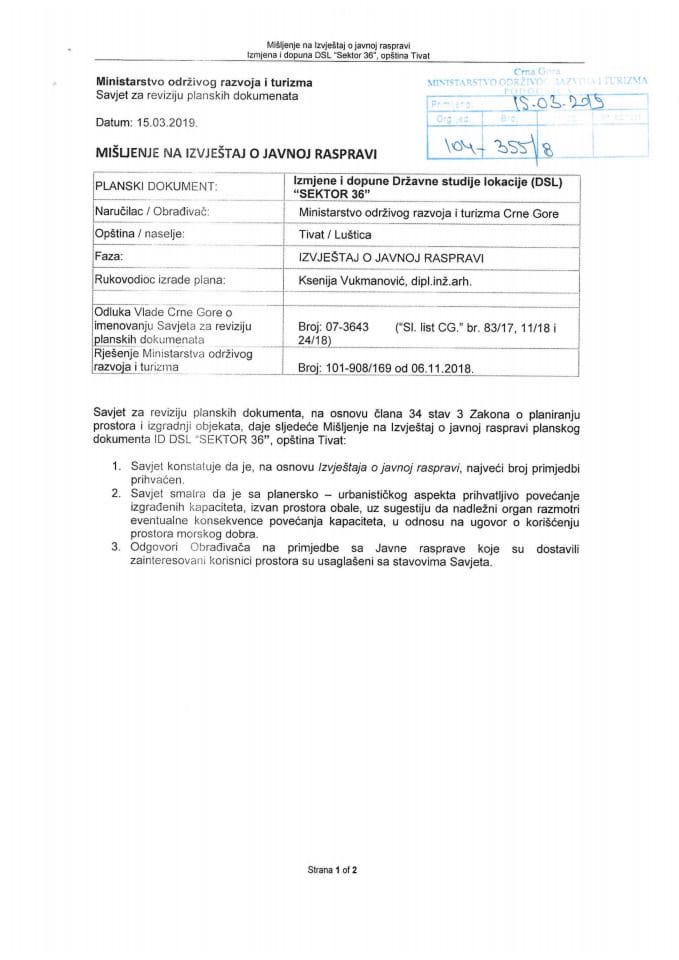 Mišljenje Savjeta na Izvještaj o javnoj raspravi - ID DSL Sektor 36, Opština Tivat