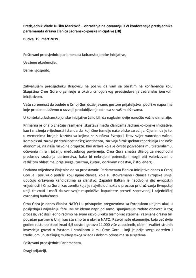 Predsjednik Vlade Duško Marković – obraćanje na otvaranju XVI konferencije predsjednika parlamenata država članica Jadransko-jonske inicijative (JJI)
