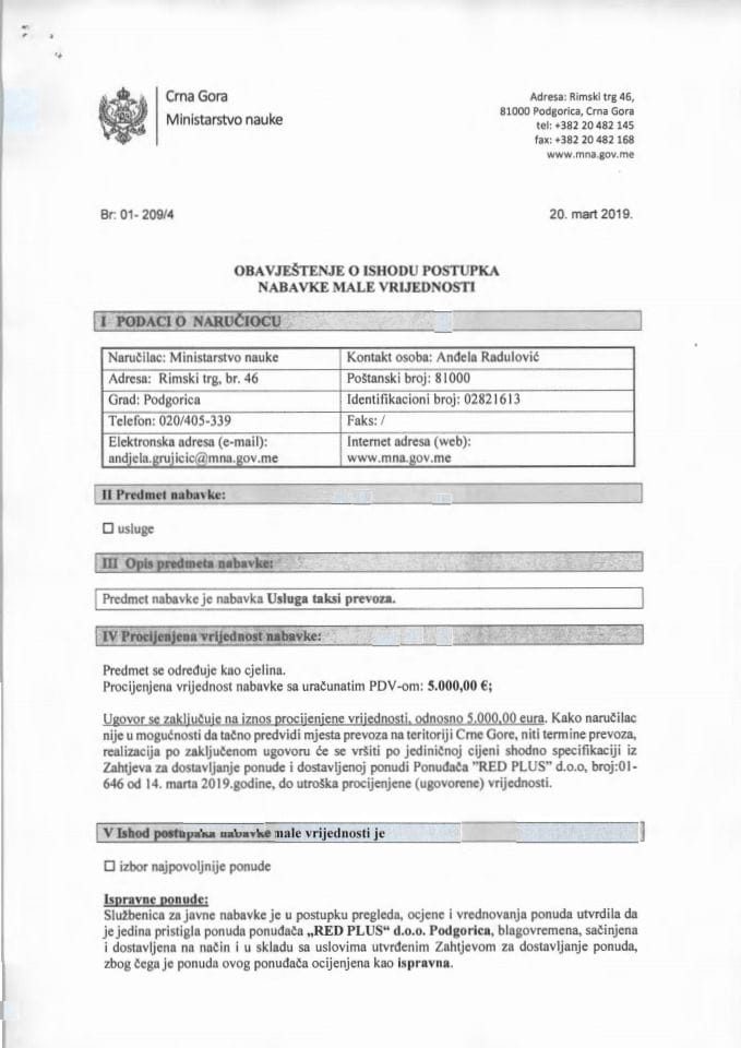 Obavještenje o ishodu postupka-taksi prevoz