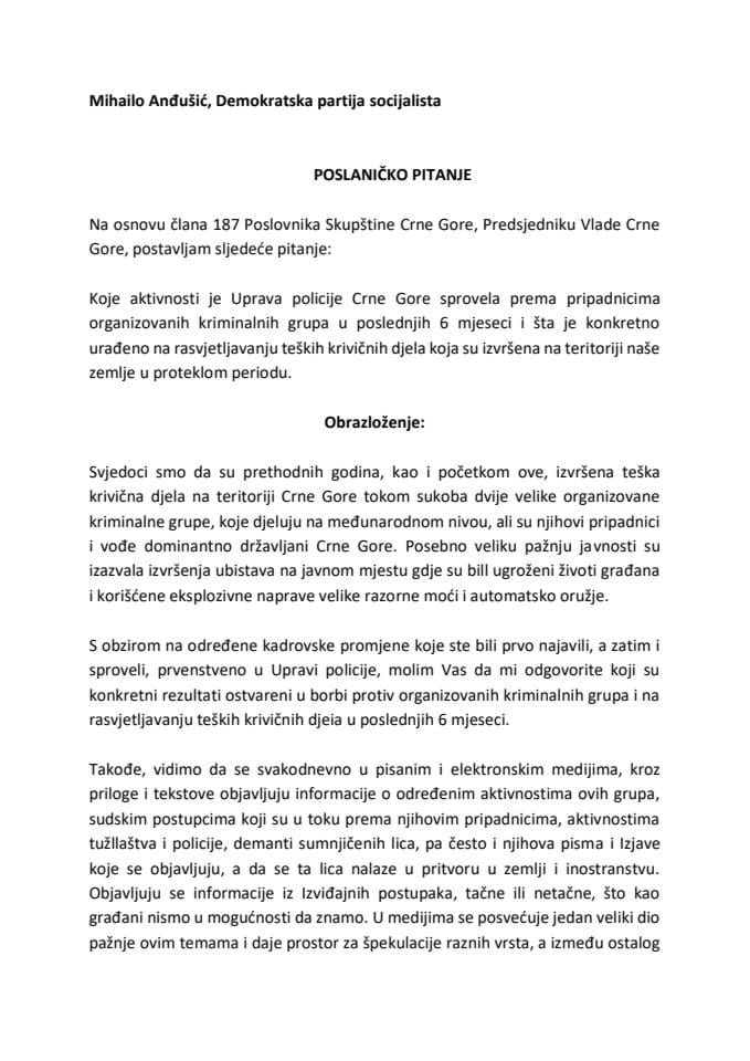 Transkript odgovora predsjednika Vlade Duška Markovića na pitanja šefova poslaničkih klubova u okviru Premijerskog sata