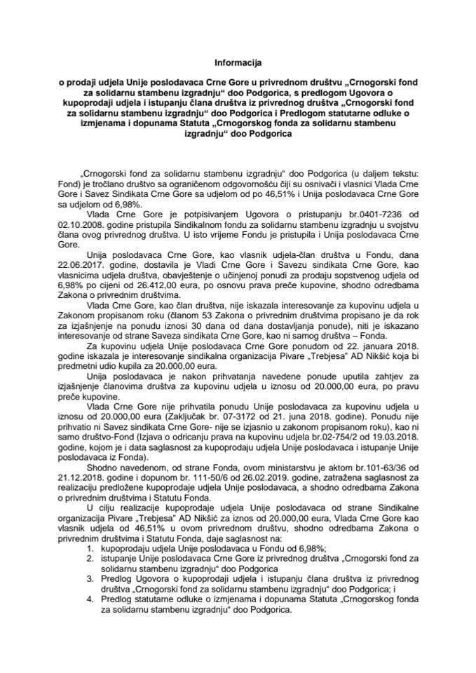 Informacija o prodaji udjela Unije poslodavaca Crne Gore u privrednom društvu "Crnogorski fond za solidarnu stambenu izgradnju" DOO Podgorica s Predlogom ugovora o kupoprodaji udjela i istupanju člana