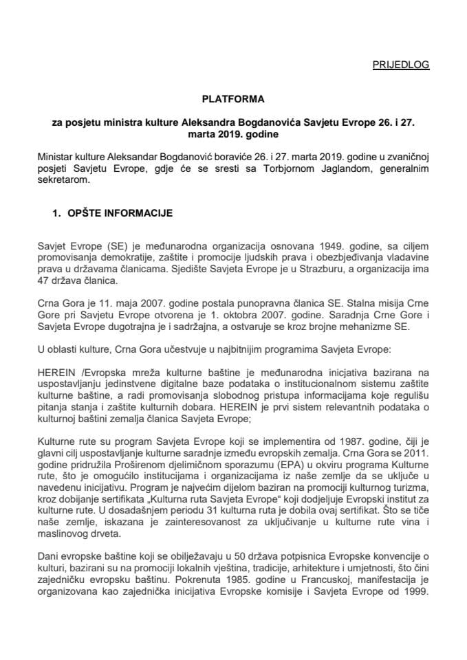 Predlog platforme za posjetu Aleksandra Bogdanovića, ministra kulture, Savjetu Evrope, 26. i 27. marta 2019. godine (bez rasprave)