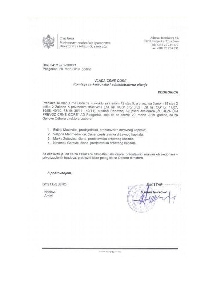 Predlog za izbor članova Odbora direktora "Željeznički prevoz Crne Gore" AD Podgorica