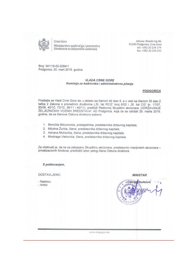 Предлог за избор чланова Одбора директора "Одржавање жељезничких возних средстава" АД Подгорица