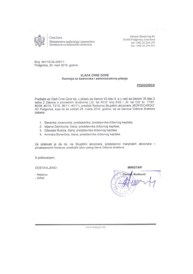 Предлог за избор чланова Одбора директора "Монтецарго" АД Подгорица