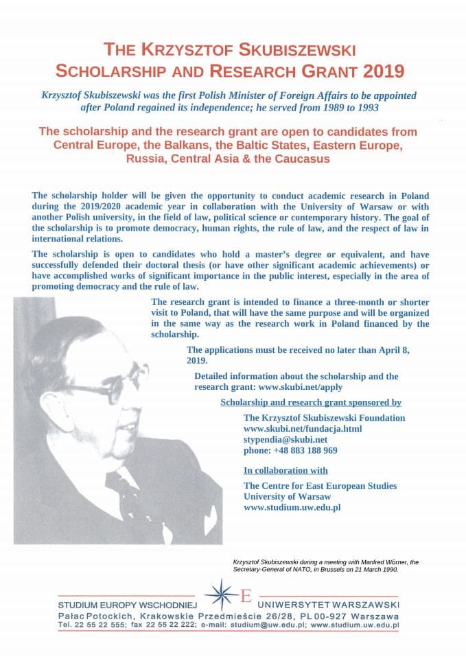The Krzysztof Skubiszewski Scholarship and Research Grant 2019