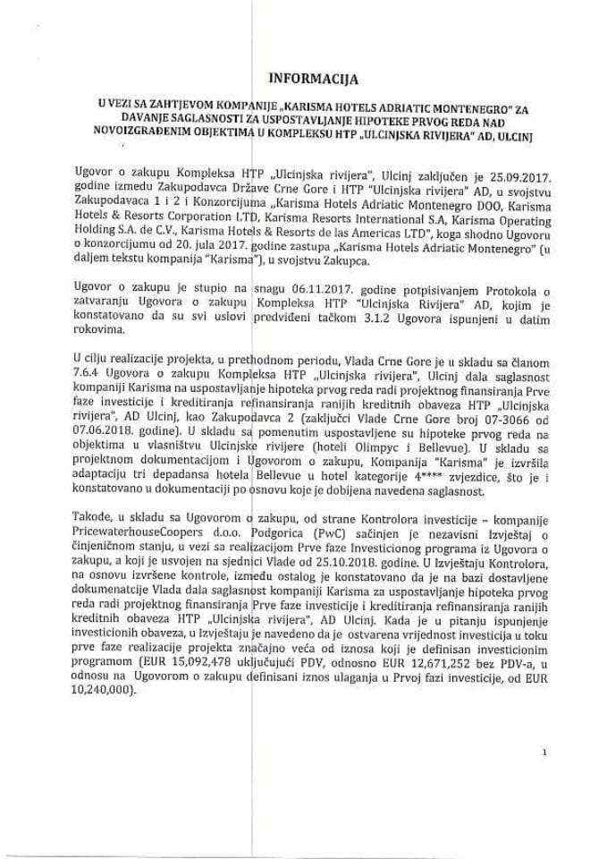 Informacija u vezi sa Zahtjevom kompanije "Karisma Hotels Adriatic Montenegro" za davanje saglasnosti za uspostavljanje hipoteke prvog reda nad objektima u izgradnji, i to za objekat depadans hotela "