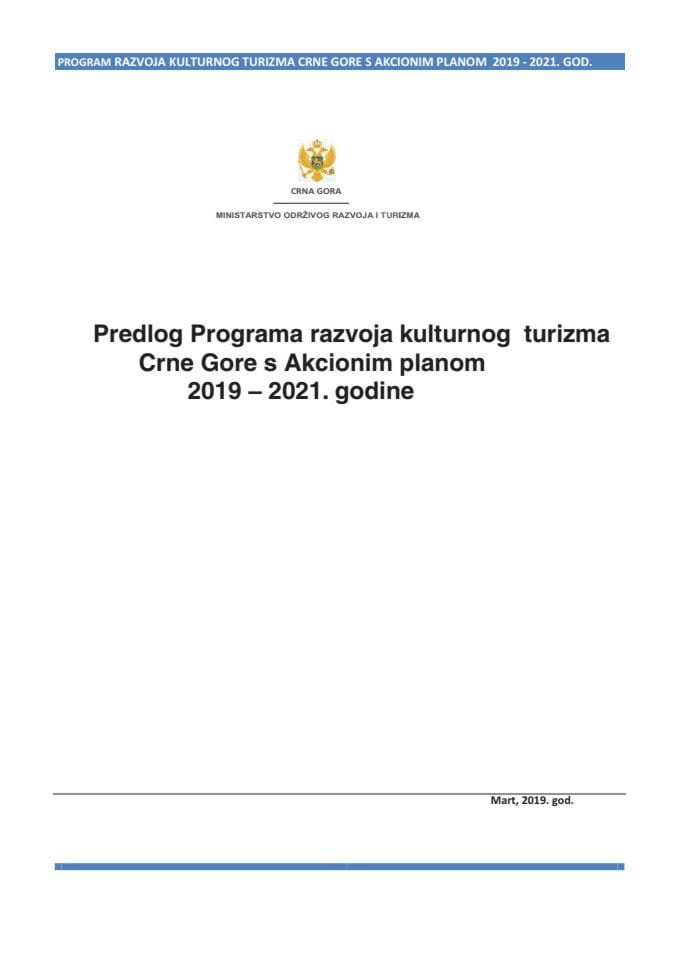 Predlog programa razvoja kulturnog turizma Crne Gore s Predlogom akcionog plana 2019-2021. godina