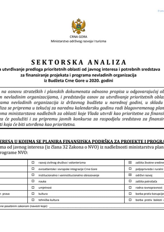 Sektorska analiza za utvrđivanje predloga prioritetnih oblasti od javnog interesa i potrebnih sredstava za finansiranje projekata i programa nevladinih organizacija iz Budžeta Crne Gore u 2019. godini