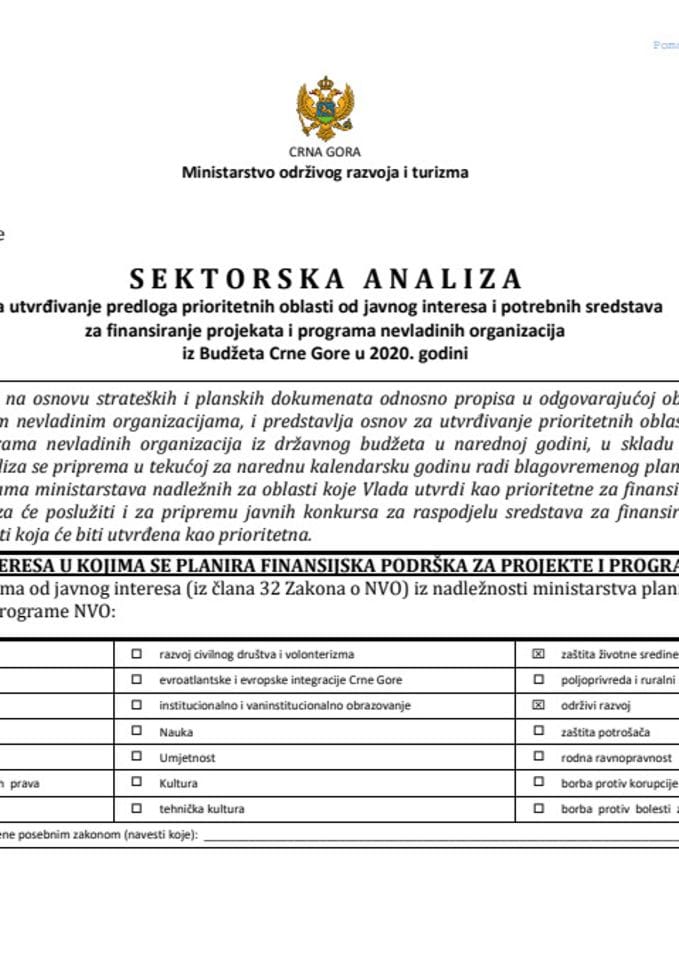 Sektorska anali za za utvrđivanje predloga prioritetnih oblasti od javnog interesa i potrebnih sredstava za finansiranje projekata i programa nevladinih organizacija iz Budžeta Crne Gore u 2019. godin