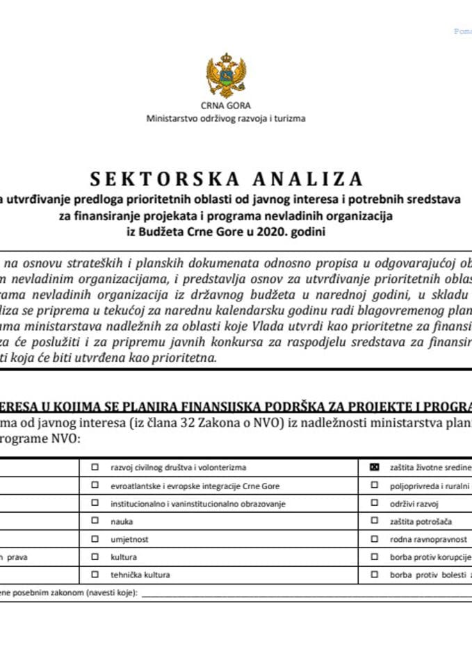 Sektorska analiza za utvrđivanje predloga prioritetnih oblasti od javnog interesa i potrebnih sredstava za finansiranje projekata i programa nevladinih organizacija iz Budžeta Crne Gore u 2019. godini