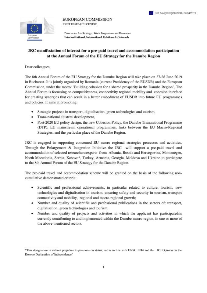 JRC manifestation of interest for a prepaid participation at the EUSDR 8th Annual Forum 02042019