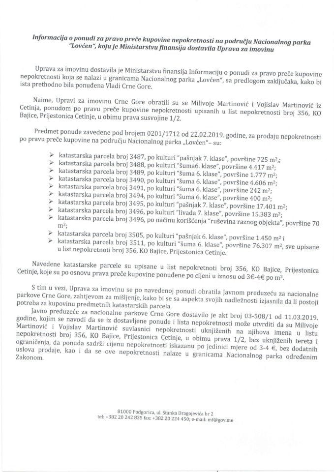 Informacija o ponudi za pravo preče kupovine nepokretnosti na području Nacionalnog parka "Lovćen" (bez rasprave)