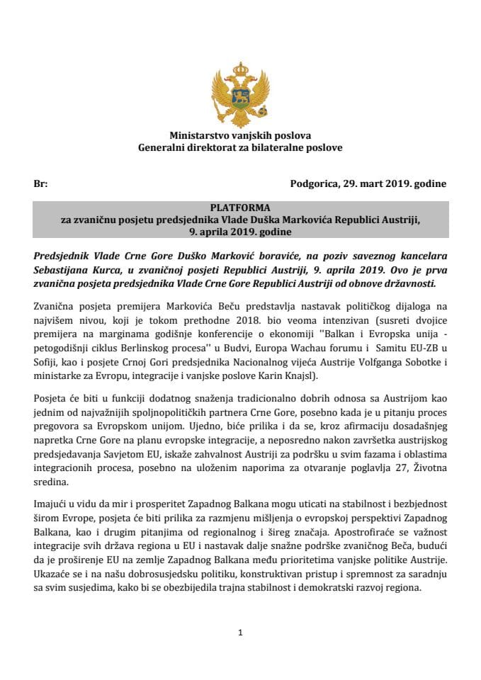 Predlog platforme za zvaničnu posjetu predsjednika Vlade Crne Gore Duška Markovića Austriji, 9. aprila 2019. godine (bez rasprave)