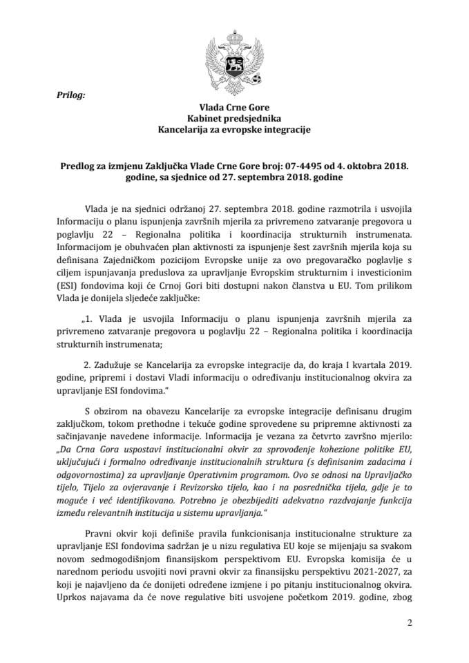Predlog za izmjenu Zaključka Vlade Crne Gore, broj: 07-4495, od 4. oktobra 2018. godine, sa sjednice od 27. septembra 2018. godine