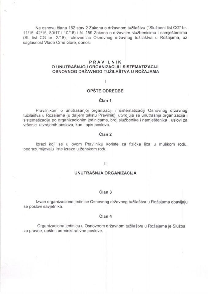 Predlog pravilnika o unutrašnjoj organizaciji i sistematizaciji Osnovnog državnog tužilaštva u Rožajama