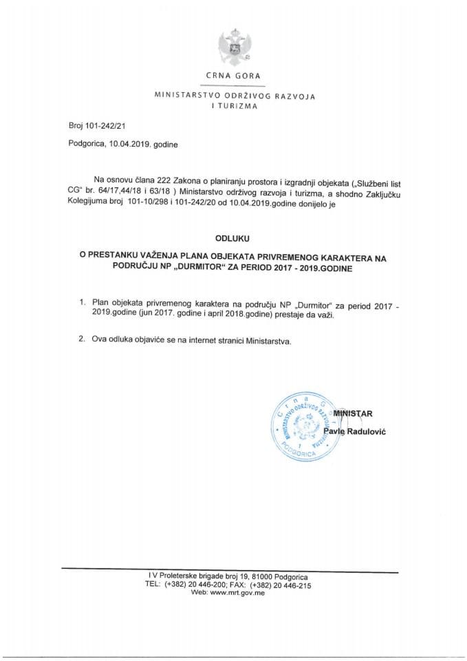 101_242_21 Odluka o prestanku vazenja Plana objekata privremenog karaktera na podrucju NP Durmitor za period 2017-2019.godine