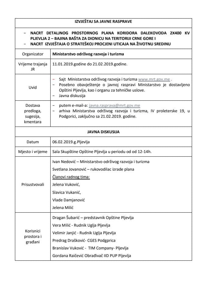 Izvještaj o javnoj raspravi - DPP koridora dalekovoda 2x400 kV Pljevlja 2 - Bajina Bašta za dionicu na teritoriji CG