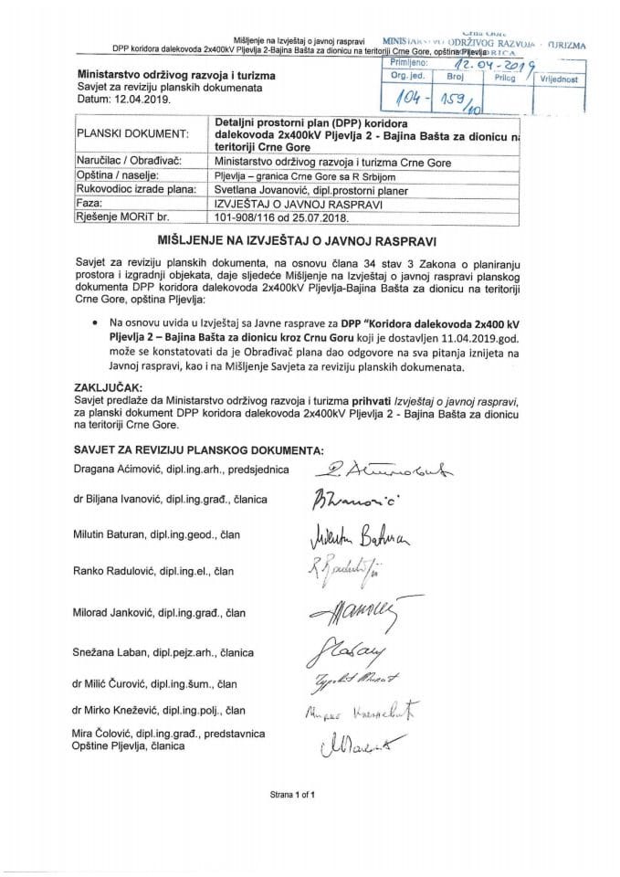 Mišljenje savjeta na Izvještaj o javnoj raspravi DPP koridora dalekovoda 2x400kV Pljevlja 2 - Bajina Bašta