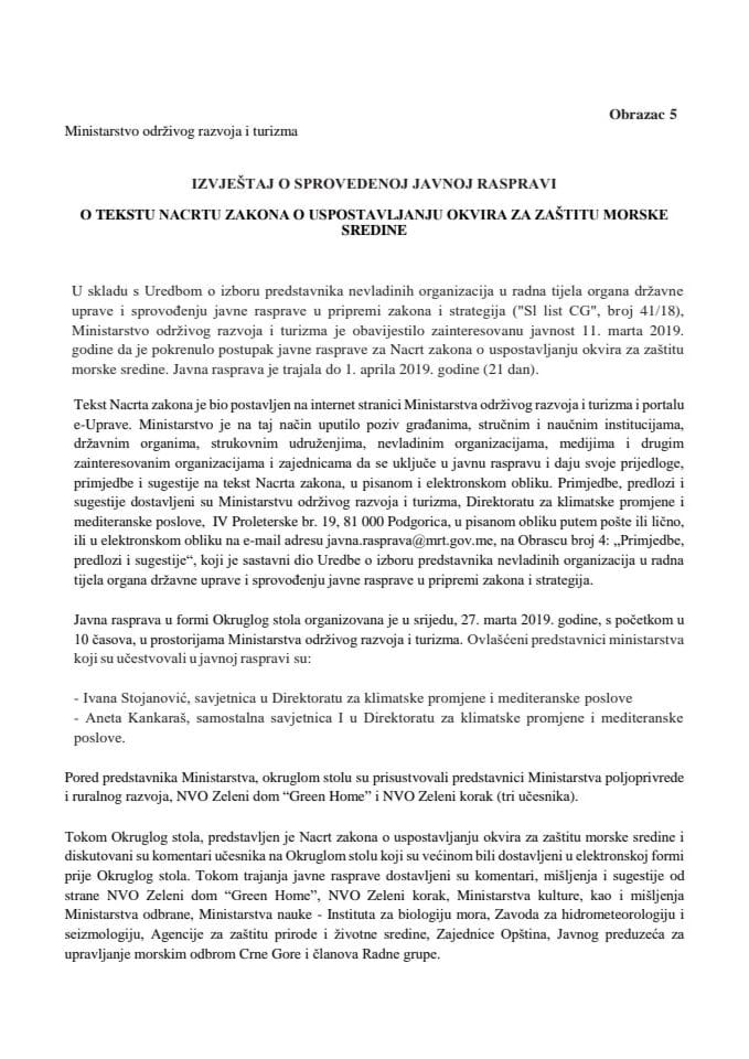 Izvještaj o sprovedenoj javnoj raspravi o tekstu Nacrtu zakona o uspostavljanju okvira za zaštitu morske sredine