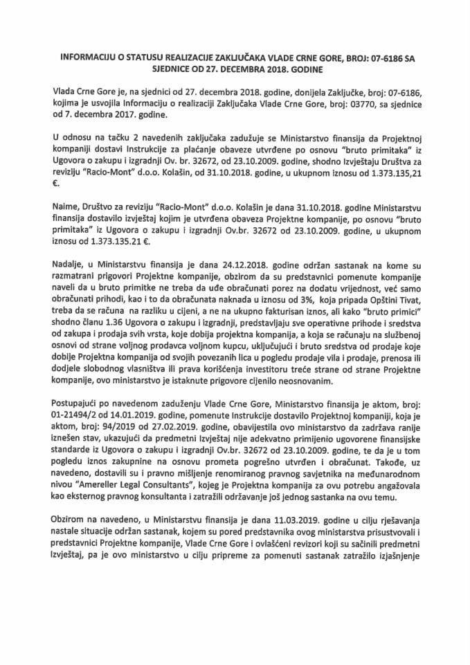 Информација о статусу реализације Закључака Владе Црне Горе, број: 07-6186, са сједнице од 27. децембра 2018. године