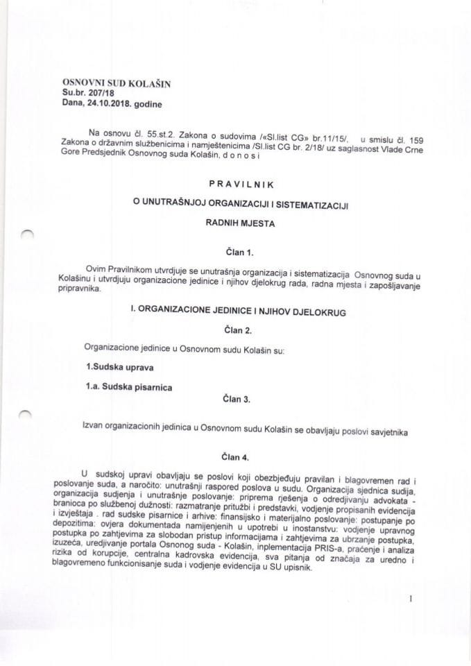 Predlog pravilnika o unutrašnjoj organizaciji i sistematizaciji Osnovnog suda u Kolašinu