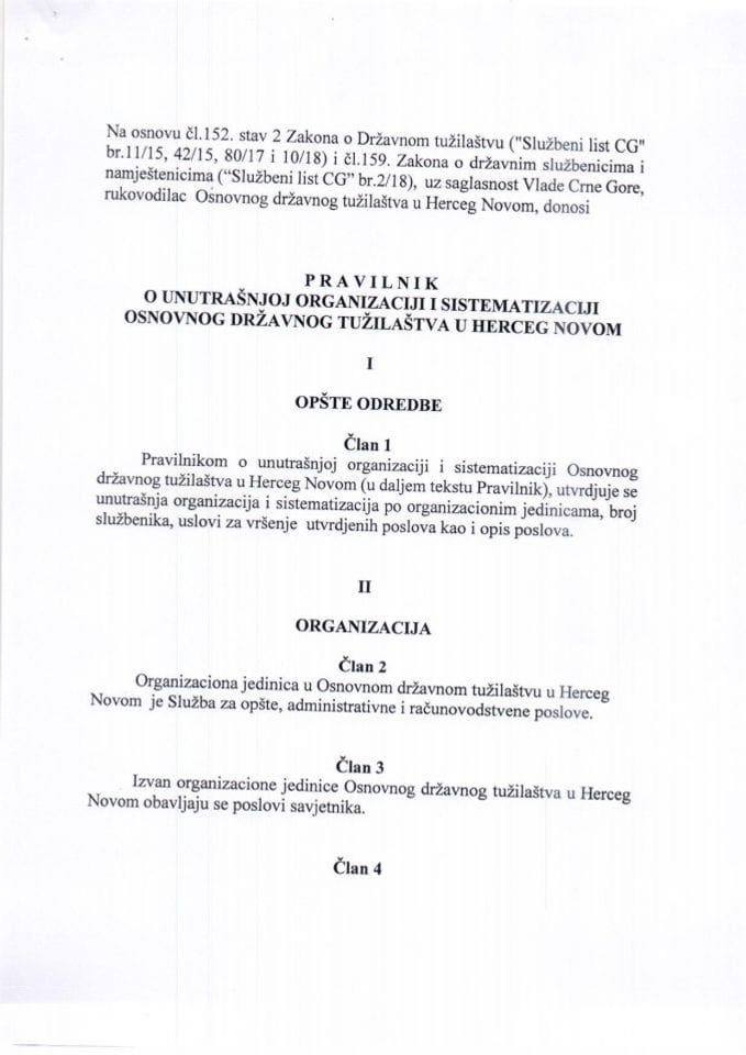Предлог правилника о унутрашњој организацији и систематизацији Основног државног тужилаштва у Херцег Новом