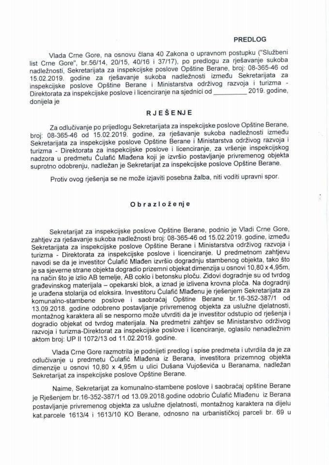 Предлог за рјешавање сукоба надлежности између Секретаријата за инспекцијске послове Општине Беране и Министарства одрживог развоја и туризма - Директората за инспекцијске послове и лиценцирање у пр