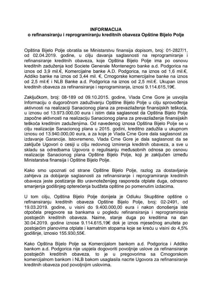 Informacija o refinansiranju i reprogramiranju kreditnih obaveza Opštine Bijelo Polje s predlozima ugovora i aneksa