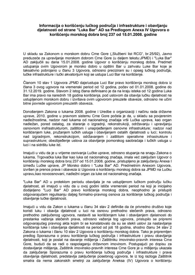 Informacija o korišćenju lučkog područja i infrastrukture i obavljanju djelatnosti od strane "Luka Bar" AD s Predlogom aneksa IV Ugovora o korišćenju morskog dobra broj 237 od 15.01.2008. godine