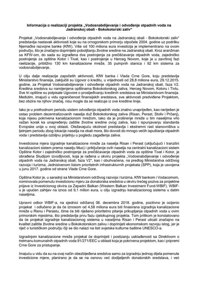 Informacija o realizaciji projekta "Vodosnabdijevanje i odvođenje otpadnih voda na Jadranskoj obali - Bokokotorski zaliv" s Predlogom ugovora o finansiranju i projektu