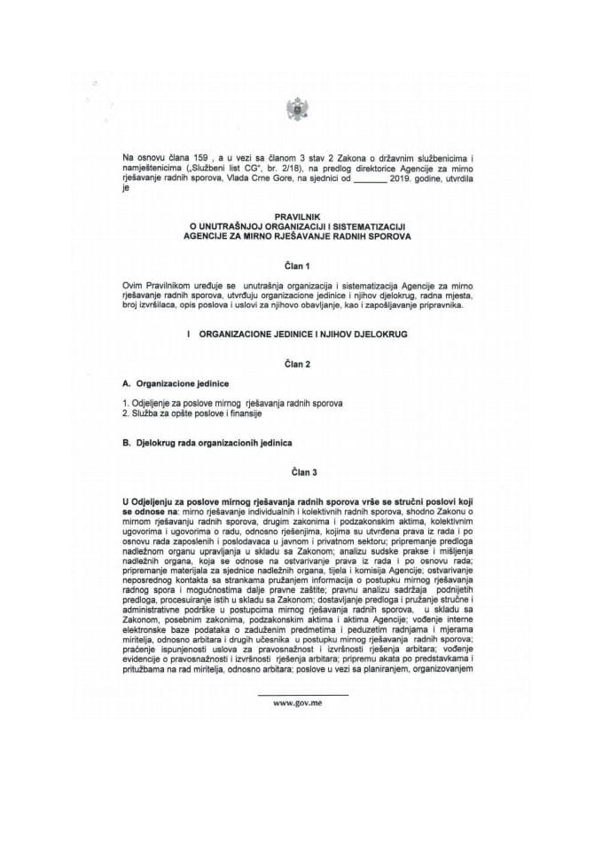 Предлог правилника о унутрашњој организацији и систематизацији Агенције за мирно рјешавање радних спорова
