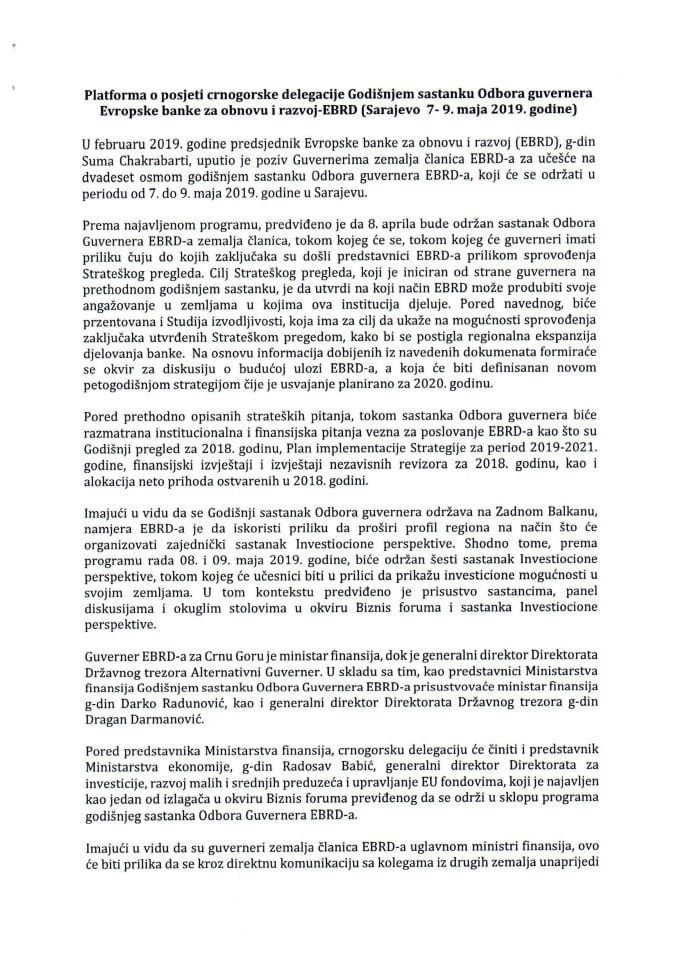 Predlog platforme za posjetu crnogorske delegacije Godišnjem sastanku Odbora guvernera Evropske banke za obnovu i razvoj-EBRD, Sarajevo, od 7. do 9. maja 2019. godine