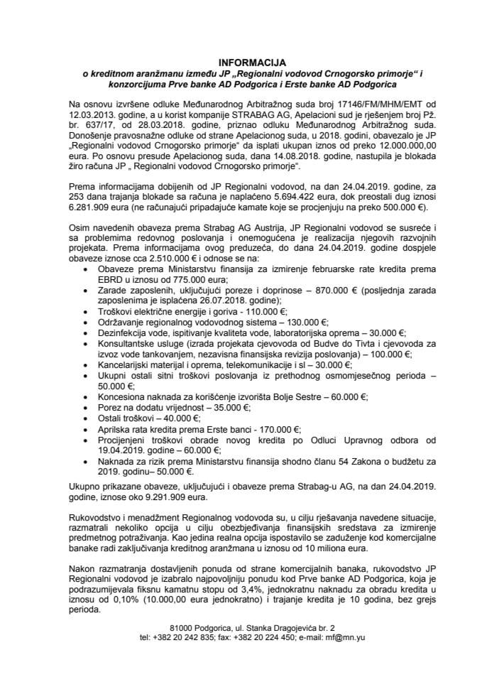 Informacija o kreditnom aranžmanu između JP "Regionalni vodovod Crnogorsko primorje" i konzorcijuma Prve banke AD Podgorica i Erste banke AD Podgorica