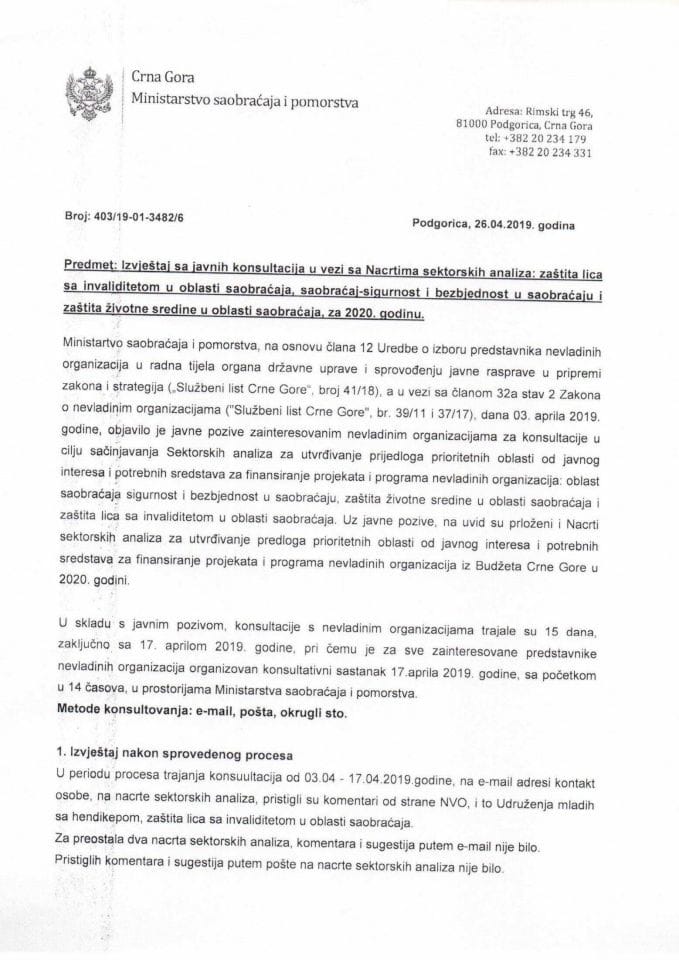 Izvještaj o sprovedenom procesu javnih konsultacija za izradu Sektorskih analiza 2020 godina