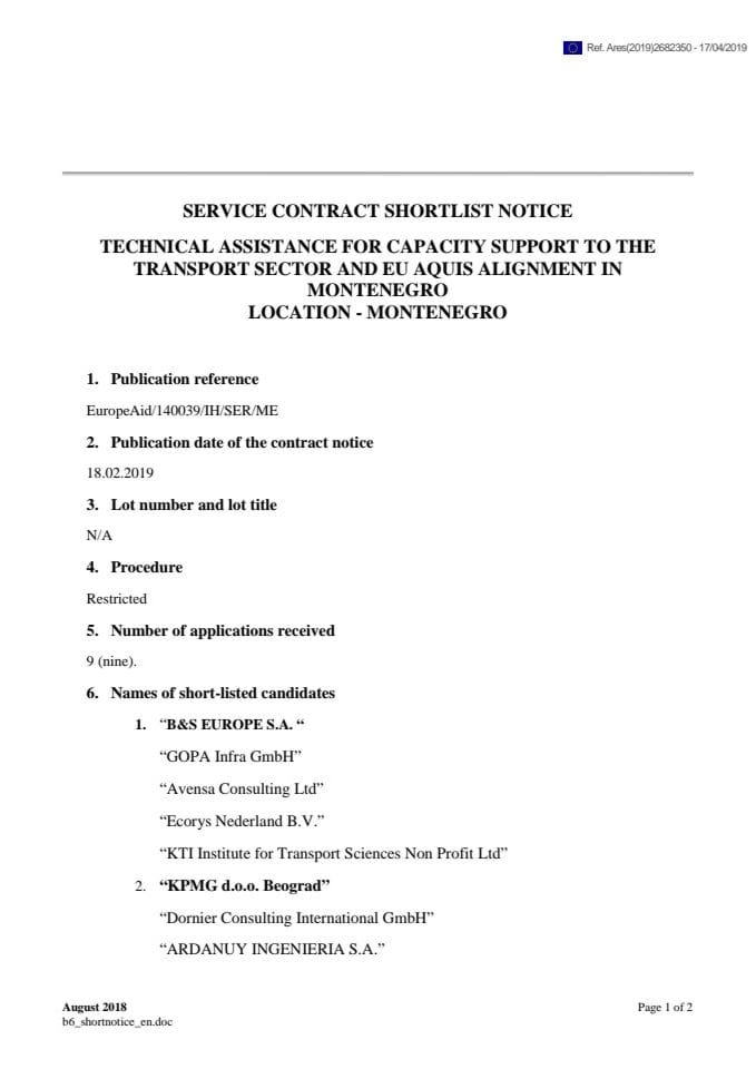 Service Contract Shortlist Notice