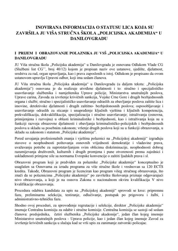 Информација о статусу лица која су завршила ЈУ Виша стручна школа "Полицијска академија" у Даниловграду