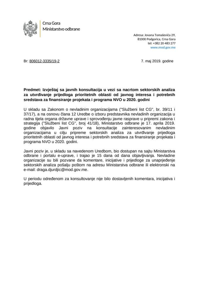 Izvještaj sa javnih konsultacija u vezi sa nacrtom sektorskih analiza za utvrđivanje prijedloga prioritetnih oblasti od javnog interesa i potrebnih sredstava za finansiranje projekata i programa NVO u