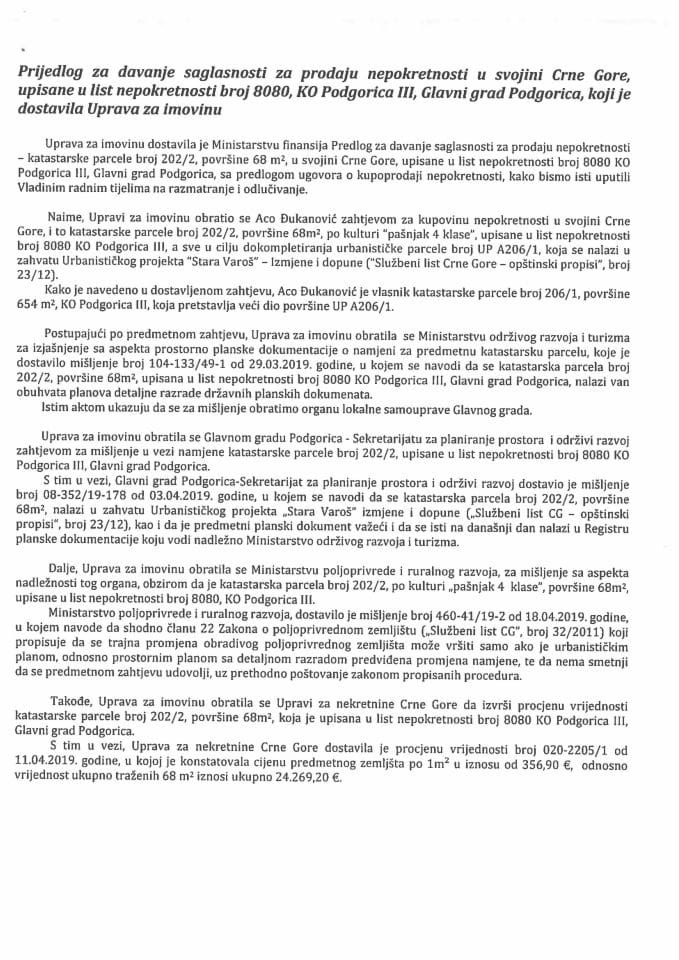 Predlog za davanje saglasnosti za prodaju nepokretnosti u svojini Crne Gore, upisane u list nepokretnosti broj 8080, KO Podgorica III, Glavni grad Podgorica s Predlogom ugovora o kupoprodaji nepokretn
