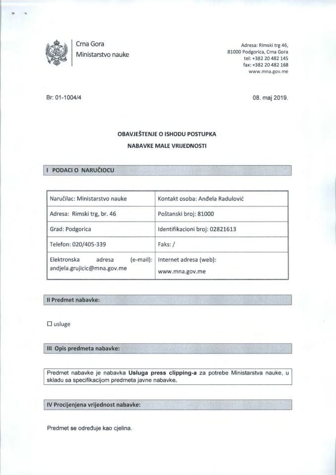 Obavještenje o ishodu postupka-press clipping