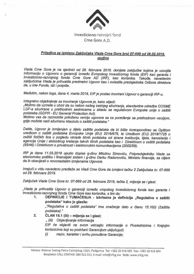 Предлог за измјену Закључка Владе Црне Горе, број: 07-699, од 28. фебруара 2019. године (без расправе)