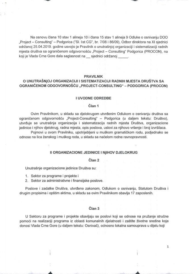 Pravilnik o unutrašnjoj organizaciji i sistematizaciji radnih mjesta DOO "Project-Consulting" - Podgorica (PROCON)