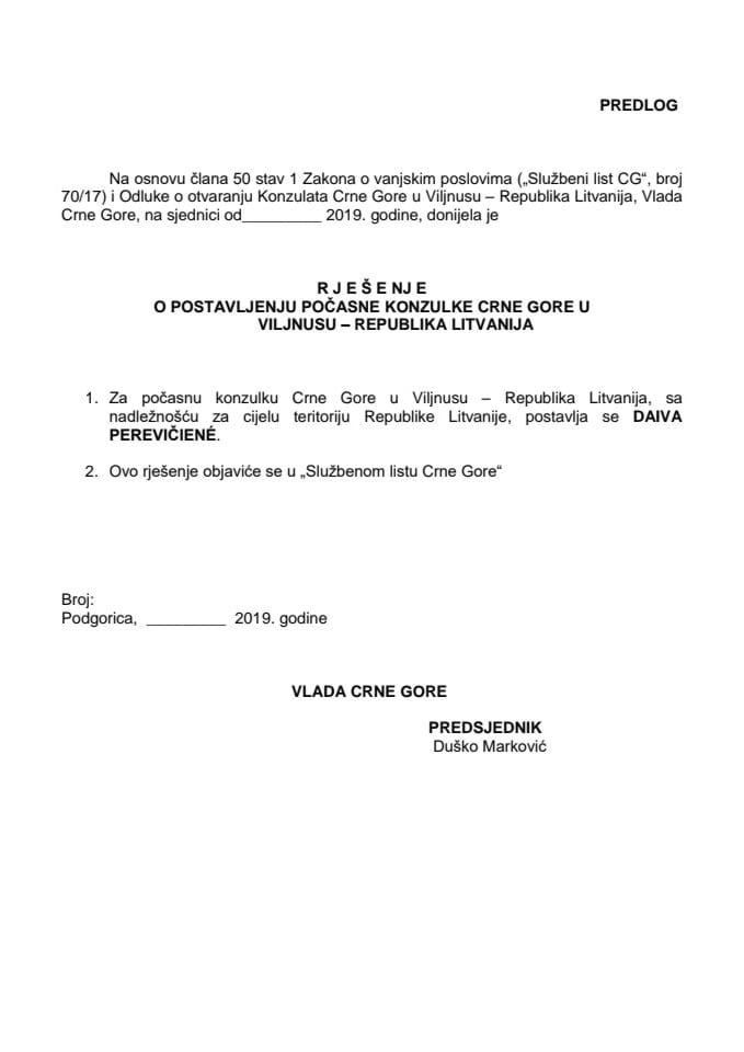 Predlog rješenja o postavljenju počasne konzulke Crne Gore u Viljnusu – Republika Litvanija