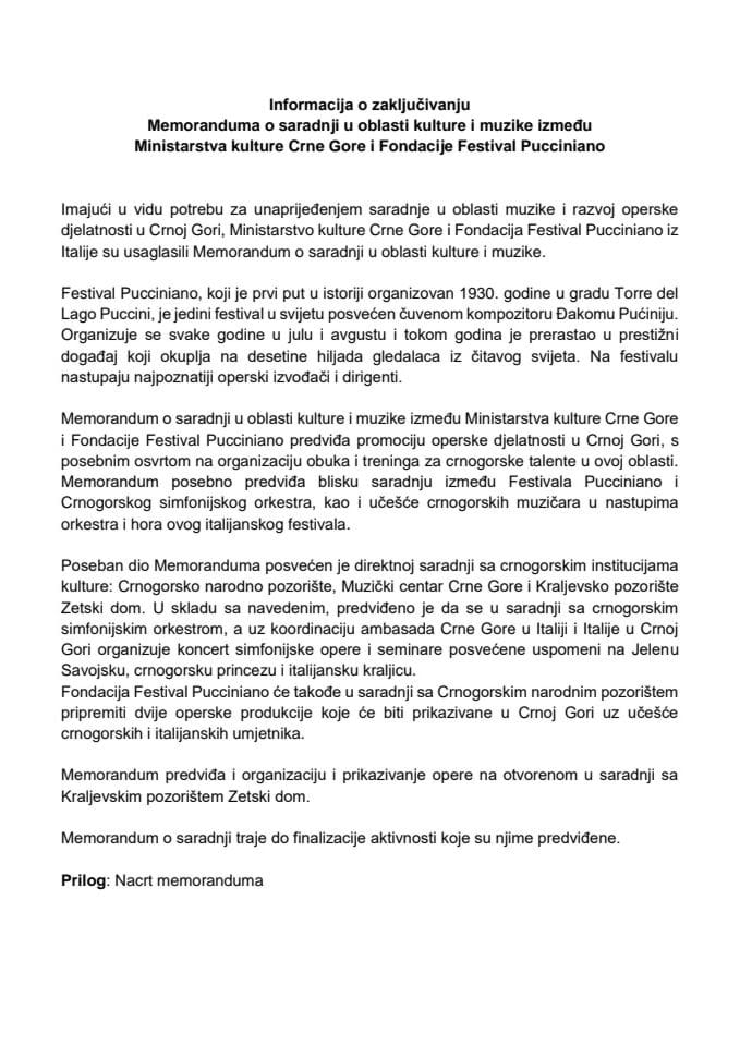 Informacija o zaključivanju Memoranduma o saradnji u oblasti kulture i muzike između Minsitarstva kulture Crne Gore i Fondacije Festival Pucciniano s Predlogom memoranduma