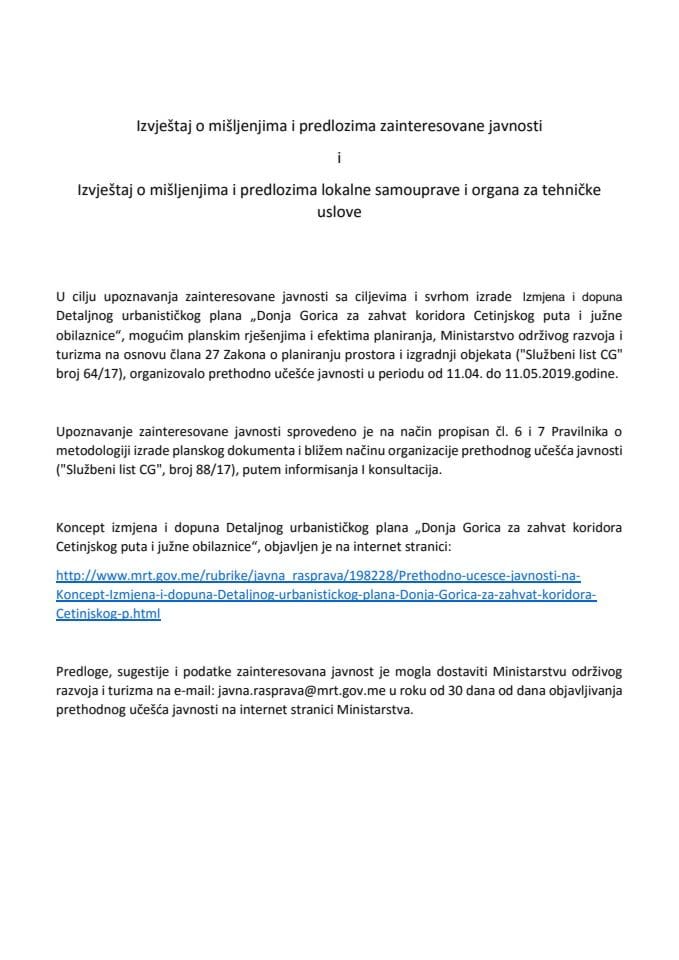 Izvještaj o mišljenjima i predlozima zainteresovane javnosti i Izvještaj o mišljenjima i predlozima lokalne samouprave i organa za tehničke uslove za izradu Izmjena i dopuna DUP-a Donja Gorica za zahv