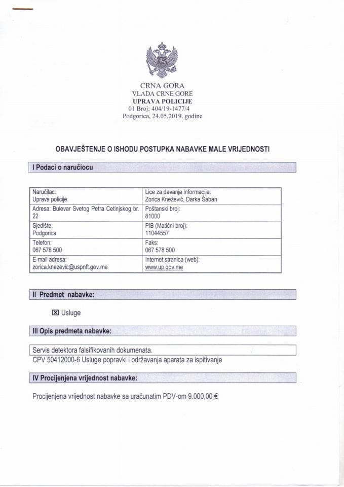 Obavještenje o ishodu postupka nabavke male vrijednosti broj 01-404/19-1477/4 od 24. 05. 2019. godine