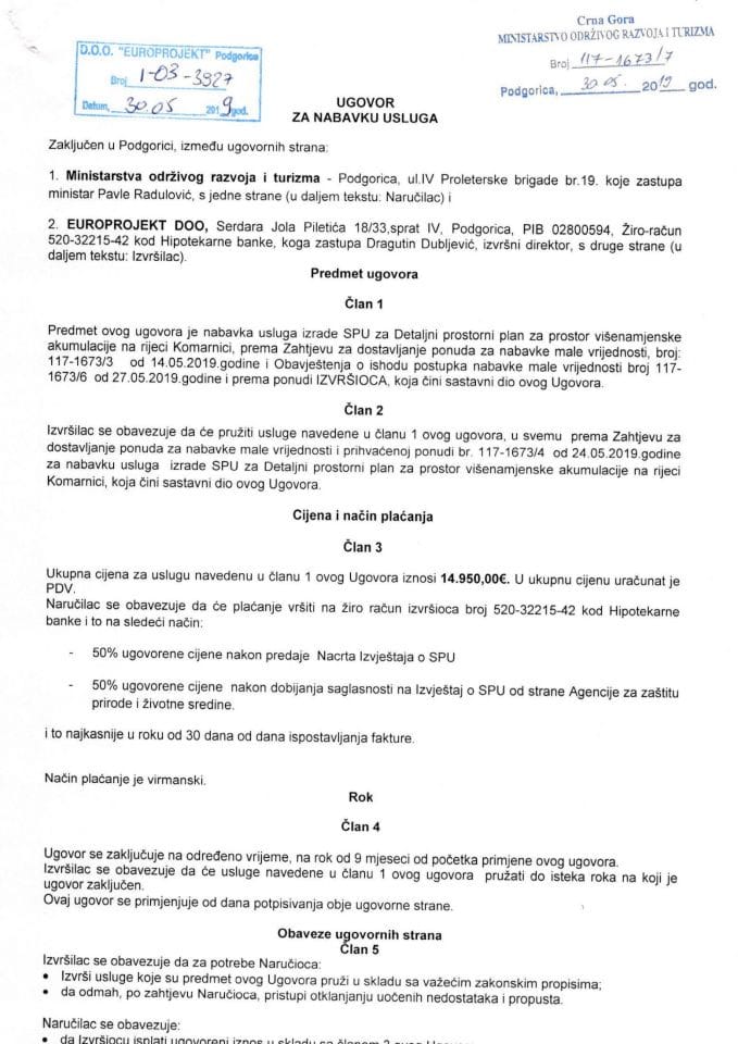 31.05.2019. Ugovor za pružanje usluga izrade SPU za Detaljni prostorni plan za prostor višenamjenske akumulacije na rijeci Komarnici