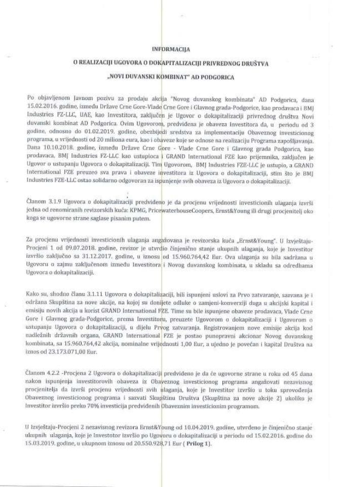 Informacija o realizaciji Ugovora o dokapitalizaciji "Novog duvanskog kombinata" AD Podgorica sa Izvještajem o činjeničnim nalazima "Ernst&Young" d.o.o. od 10. 4. 2019. godine i Inicijativom investito