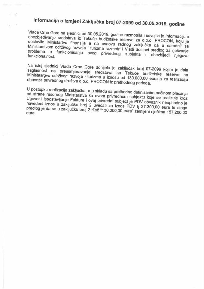 Предлог за измјену Закључка Владе Црне Горе, број: 07-2099, од 30. маја 2019. године